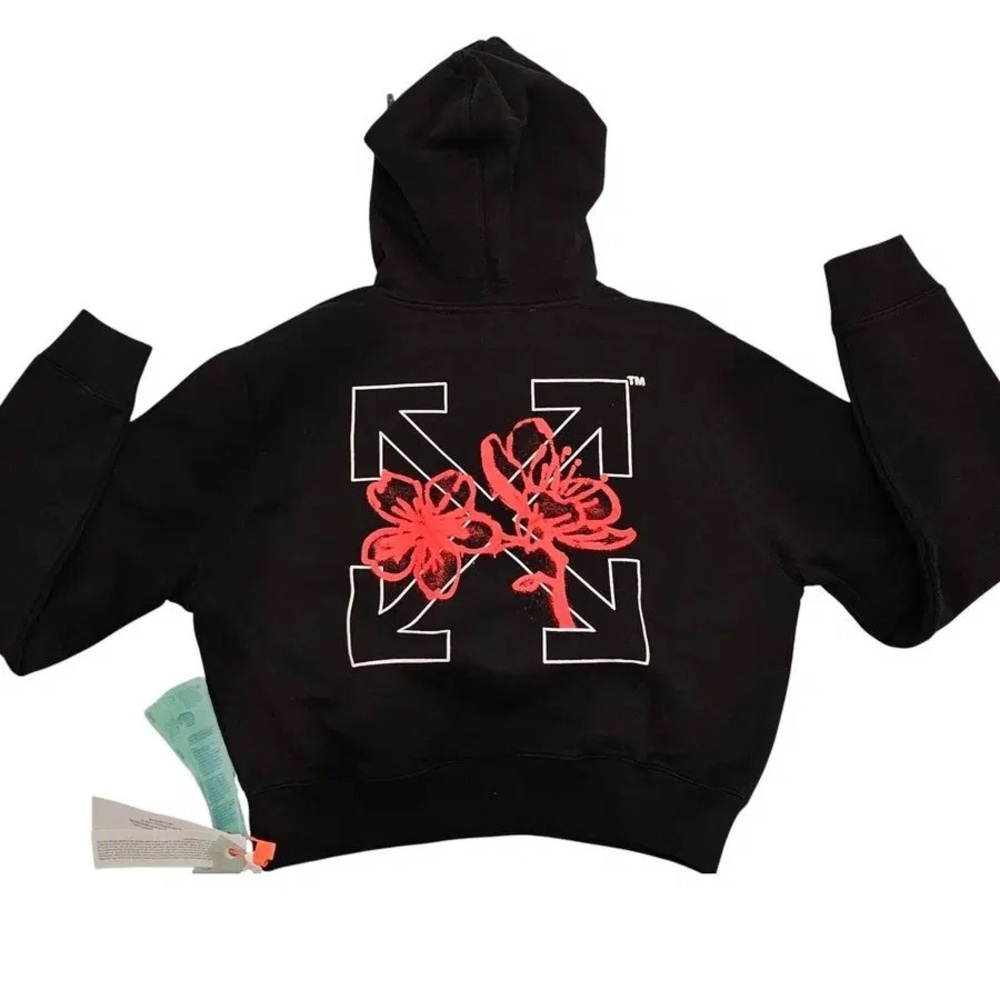 Off-White Black Cropped Hoodie with Red Logo
